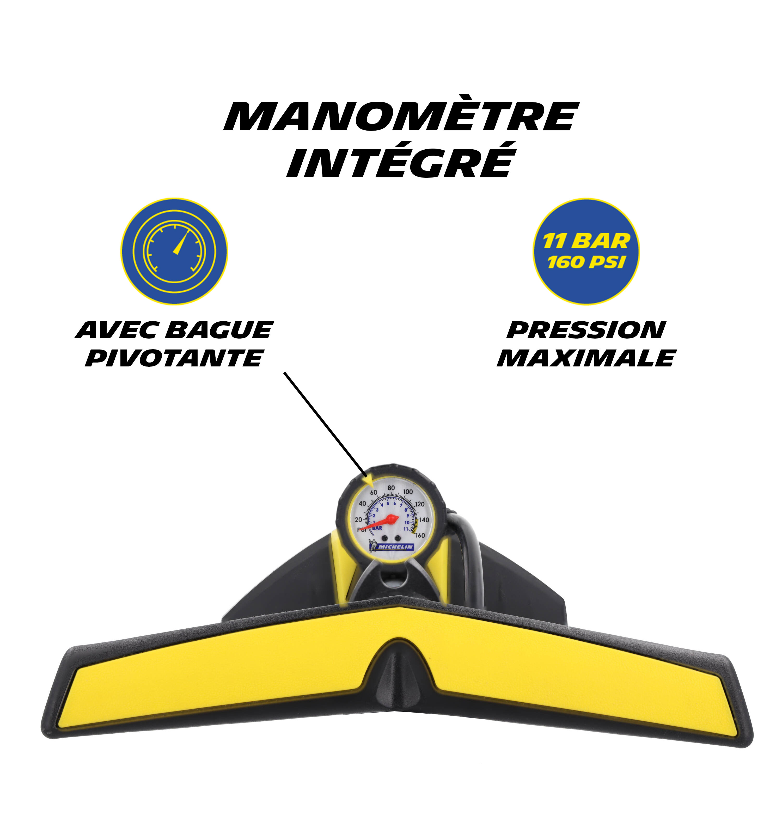 Michelin POMPE A PIED ACIER NOIR AVEC MANOMETRE 11BARS RACCORD SWITCH VP-VS