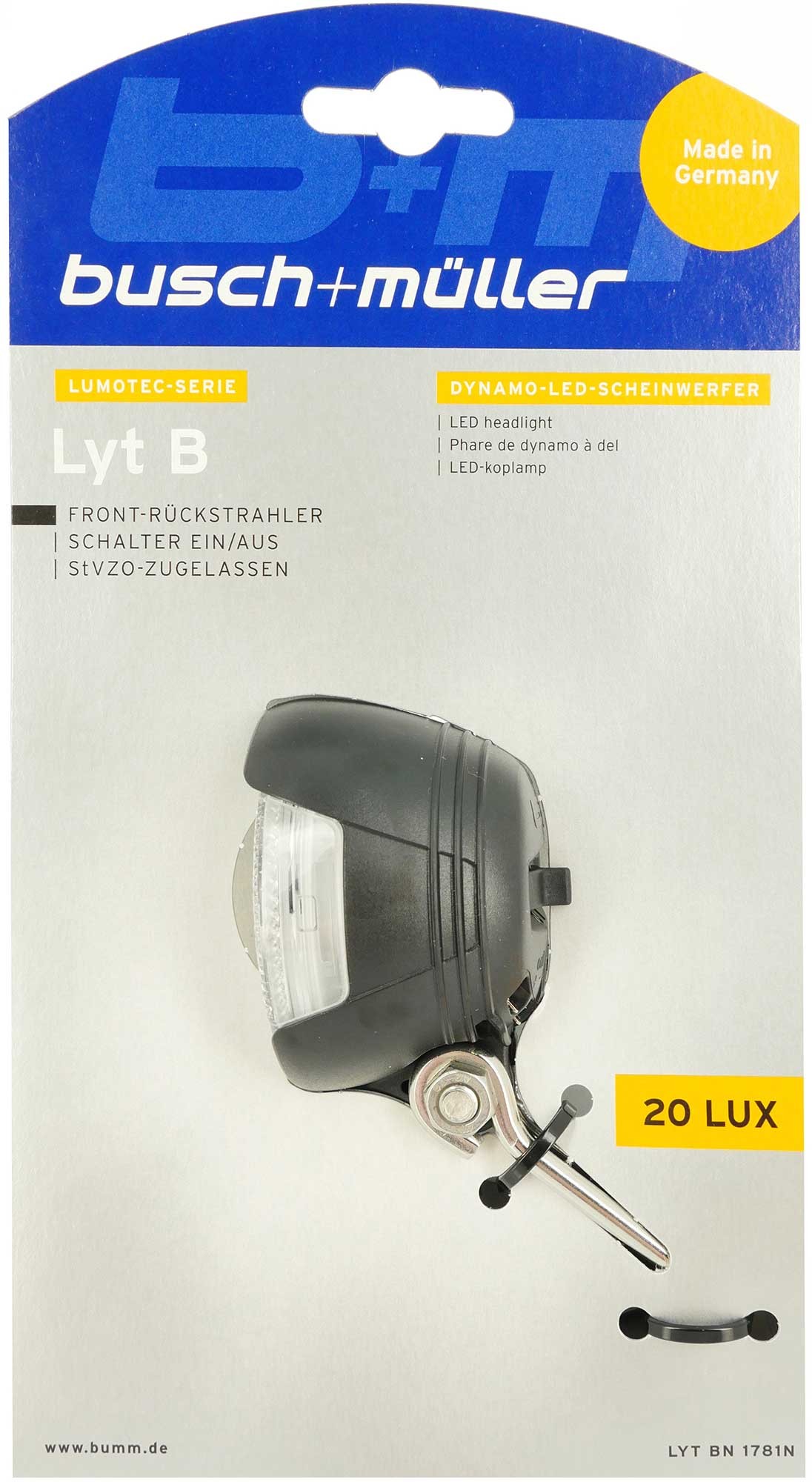 Phare Avant Vélo Busch & Müller LUMOTEC Lyt T Senso Plus - Dynamo LED - Neuf Sous Emballage