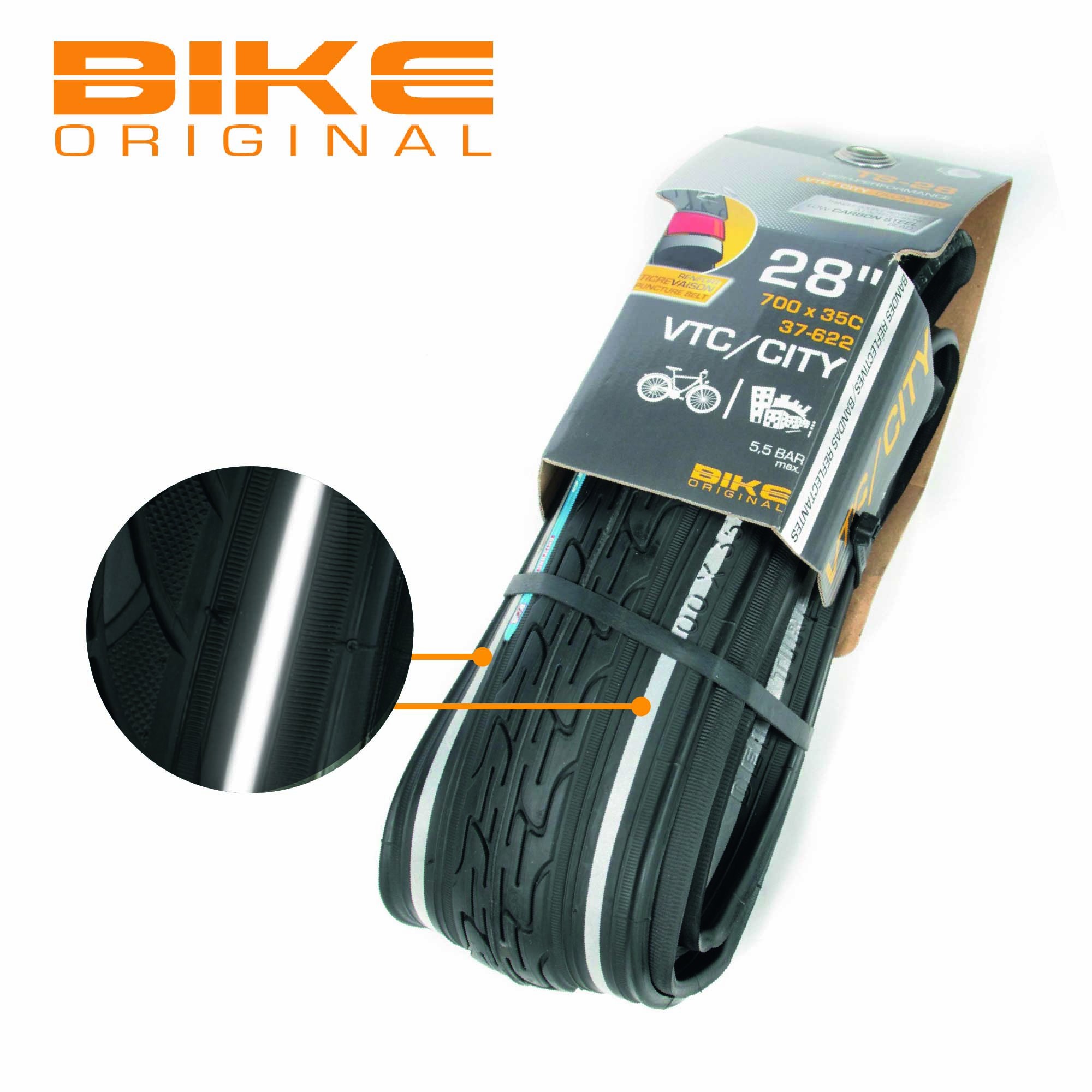 Bike Original Pneu VTC 700X35C reflectives anti-crevaison tringles souples