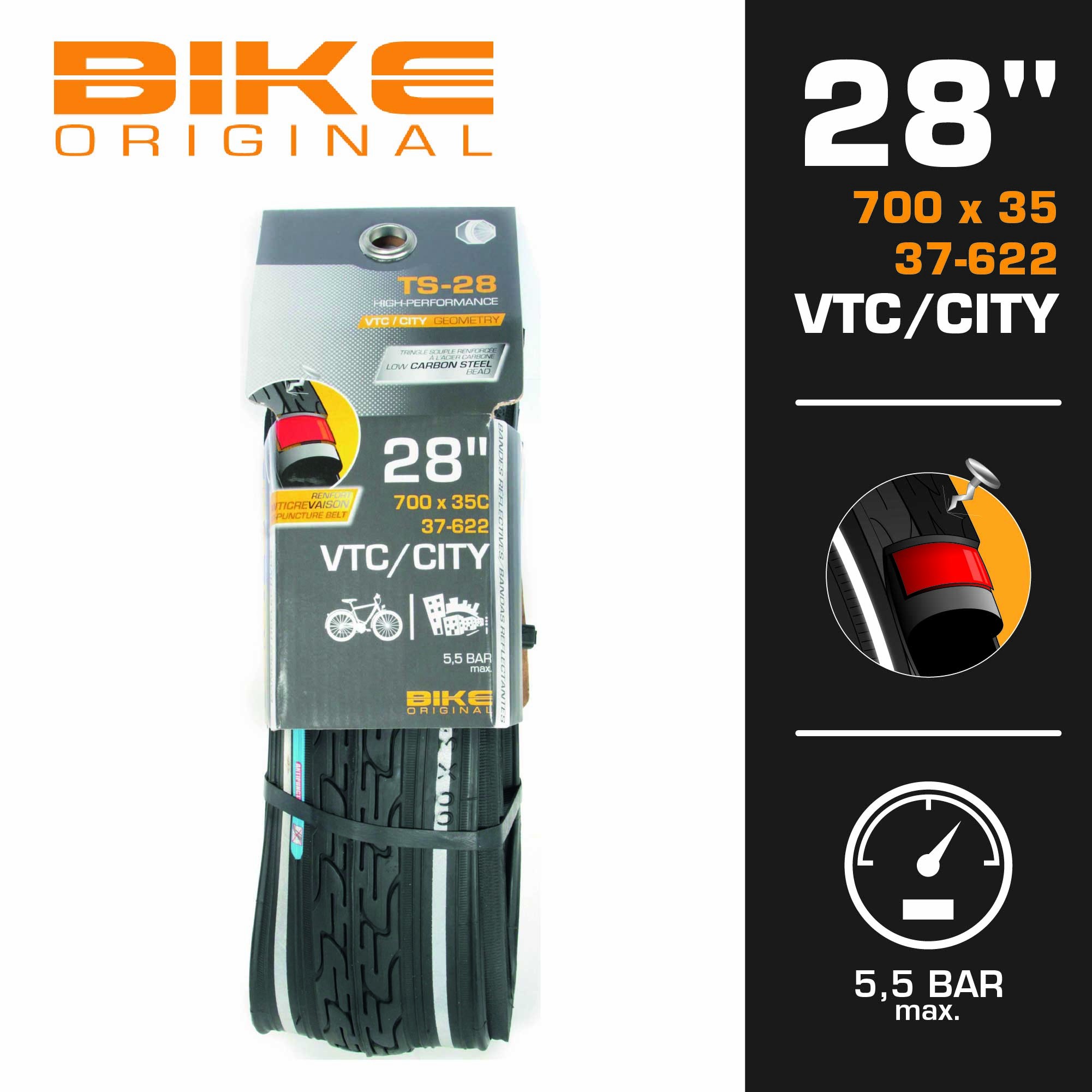 Bike Original Pneu VTC 700X35C reflectives anti-crevaison tringles souples