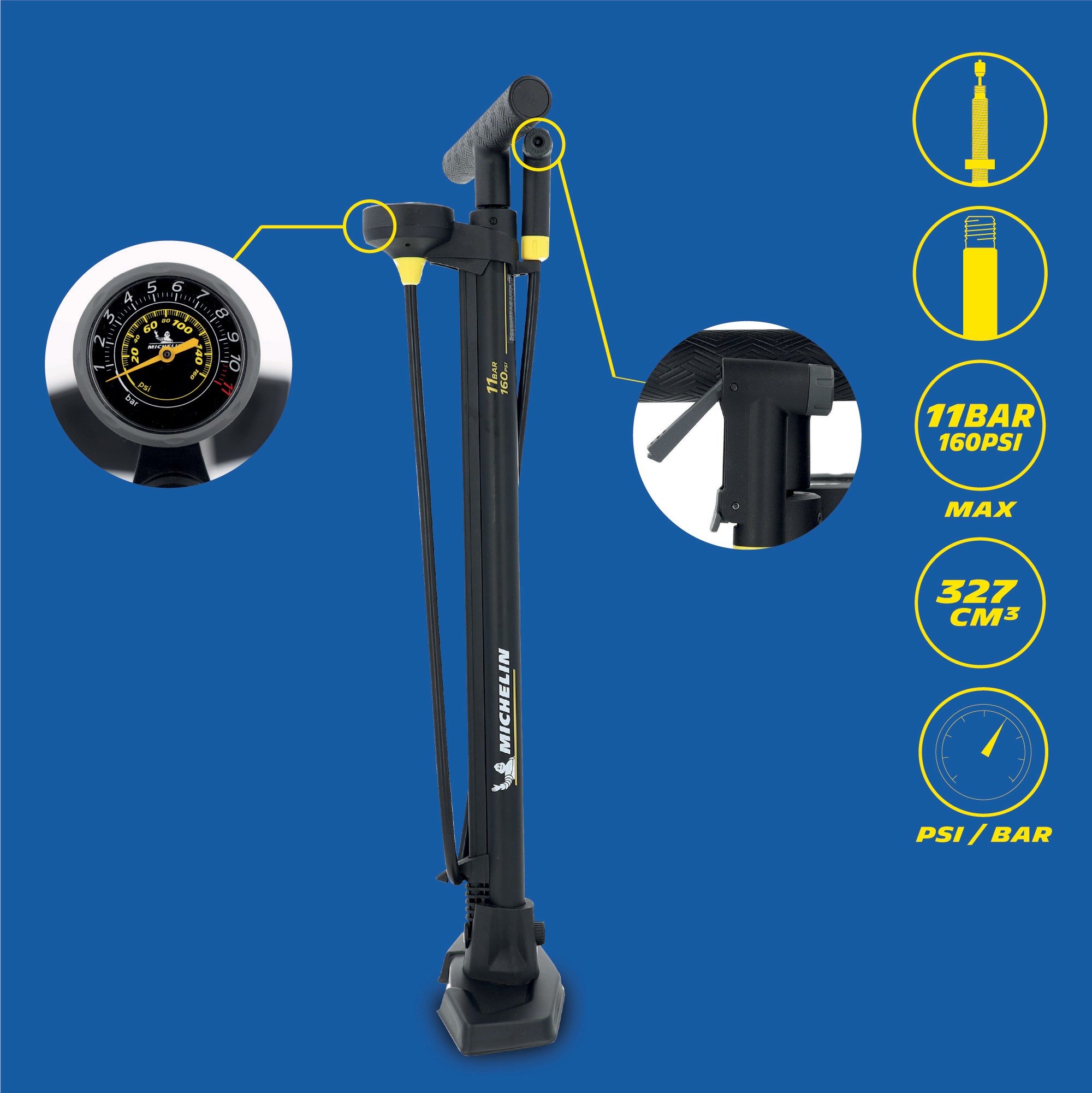 Pompe à double cylindre en acier manomètre max 7 bars vélo pneus moto matelas 2 cylindres de 125mm
