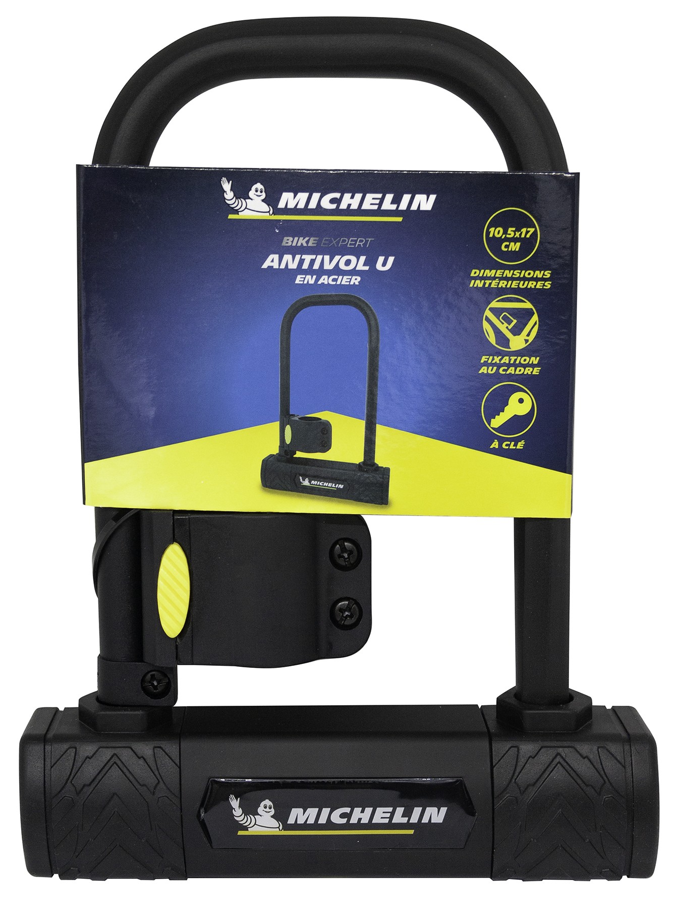 Michelin ANTIVOL VELO U 105 x 170mm A CLE EN ACIER NOIR AVEC SUPPORT FIXATION CADRE